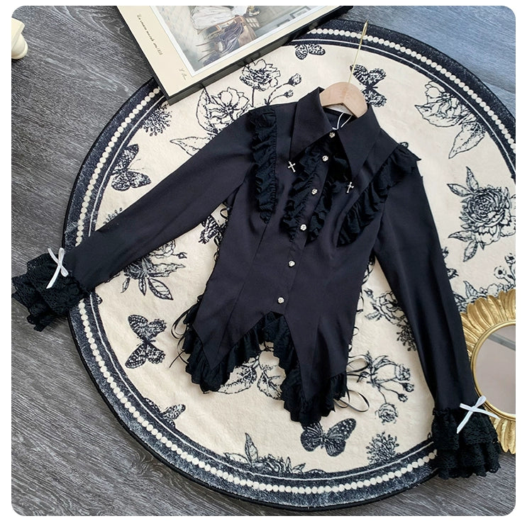 With PUJI - Black White Gothic Lolita Blouse, Waist Lace-Up