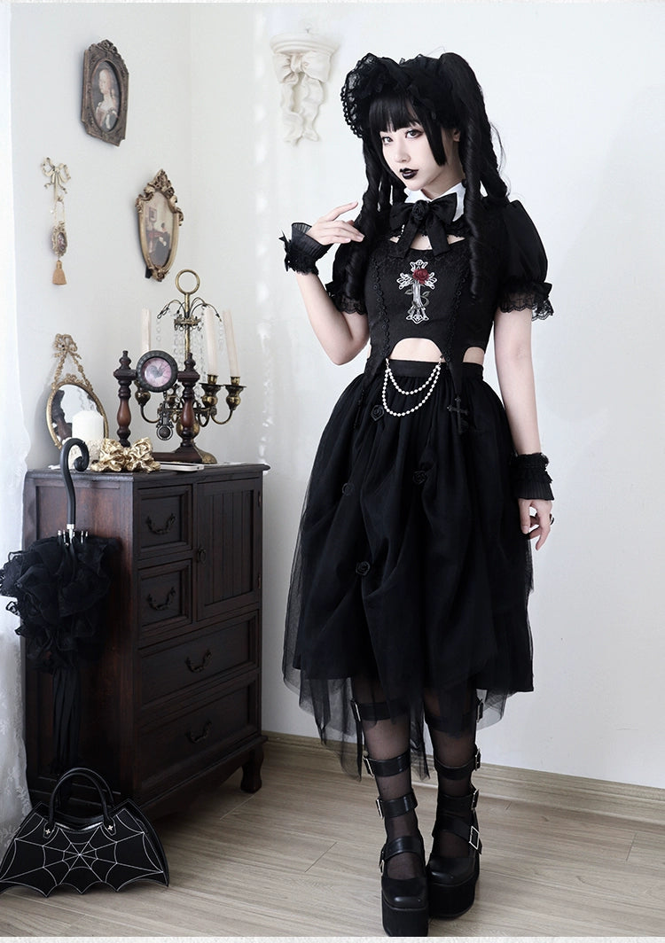 With PUJI~Evil Flower~Gothic Lolita Skirt Set Rose Embroidered Hollow Out Blouse