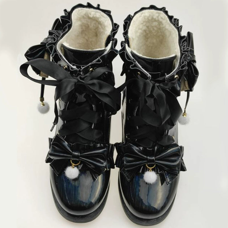 Fairy Godmother~Enthusiastic Ideation~Elegant Lolita Shoes Fleeced Short Martin Boots 37 Mid Heel Fine Shiny Black with Fleece 