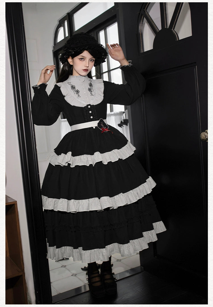 With PUJI~Castle Night~Gothic Twins Lolita OP Three-tiered Embroidery Dress