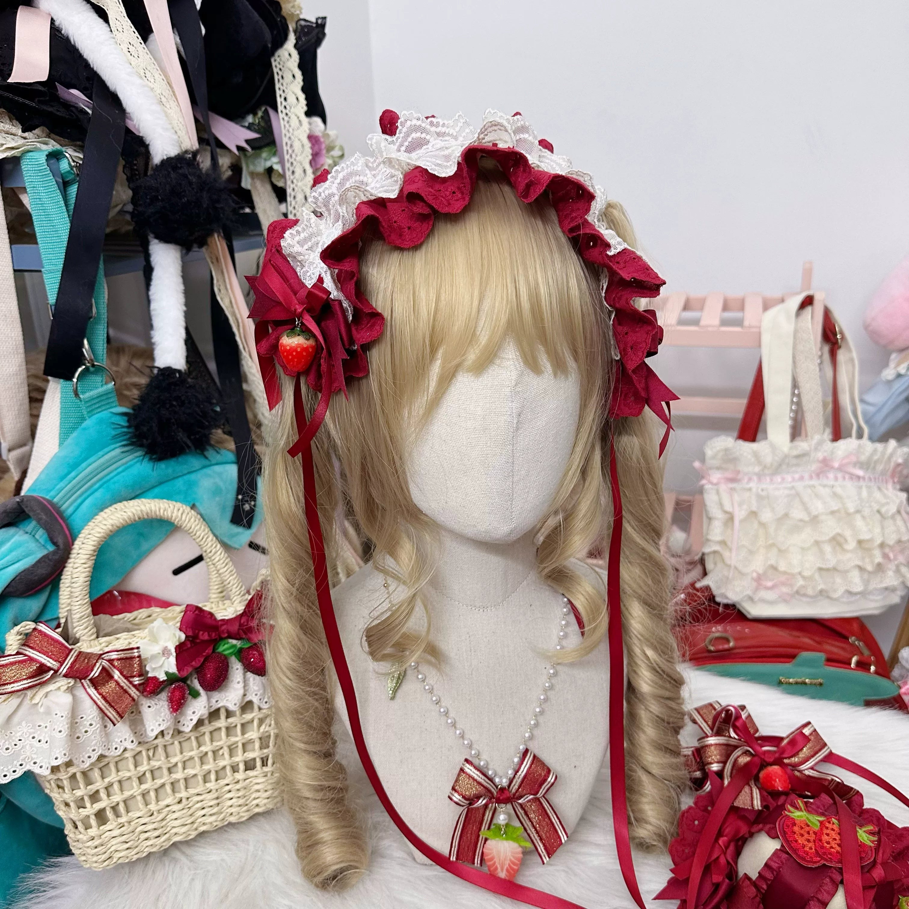 Red Sweet Lolita Headdress, Bows and Strawberry Pendants