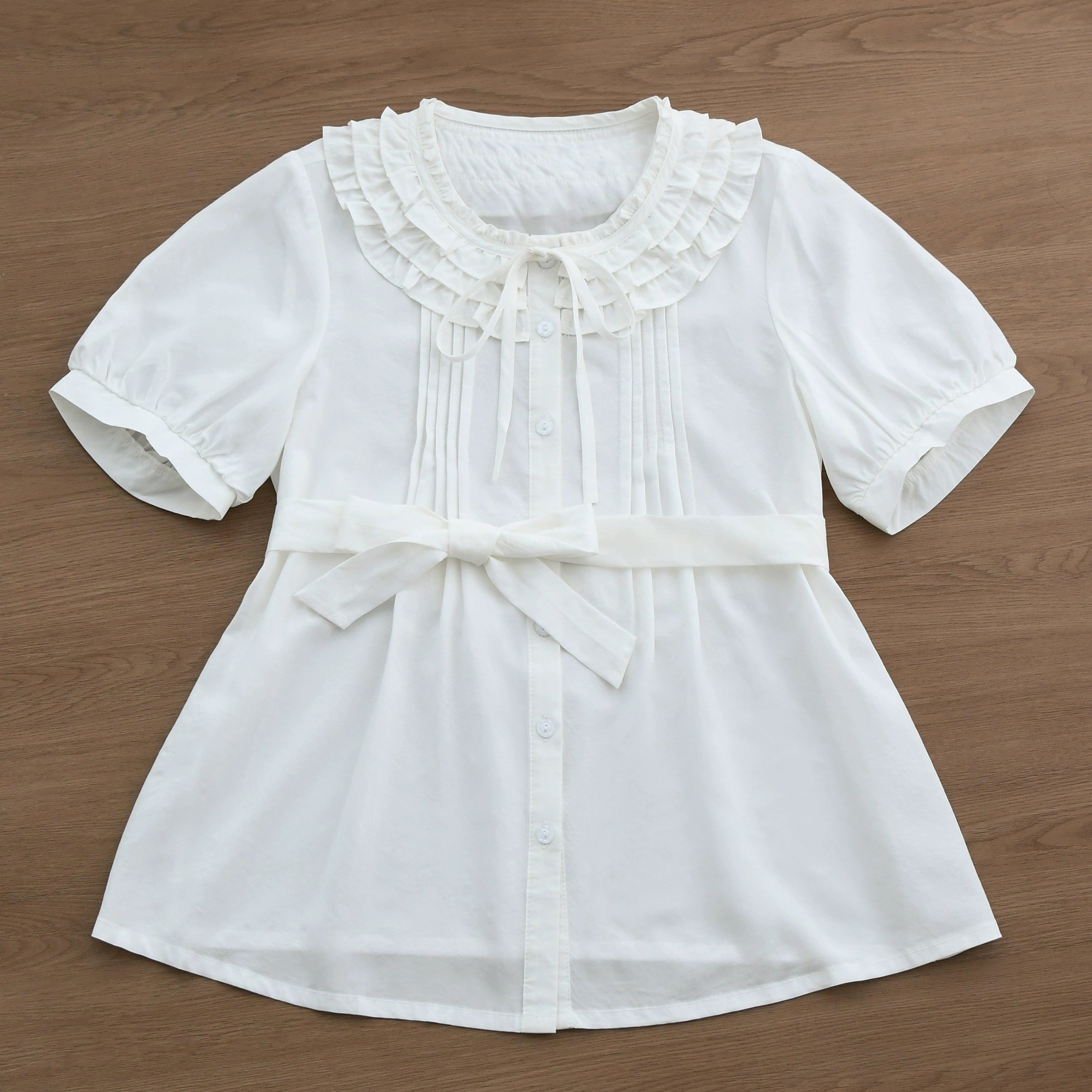 MIST - Vernal Stream - Lightweight Kawaii Lolita Blouse, Detachable Waist Tie Milky White (a bit see-through) S