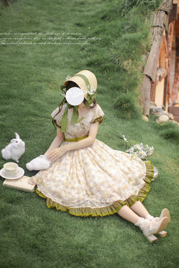 HuTaoMuJK~Green Mountain Wall's Annie~Vintage Lolita Dress Floral Printing Short Sleeve Dress   
