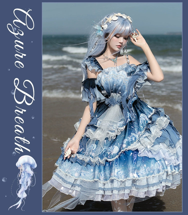 YingLuoFu - Blue Breath Jellyfish - Classic Lolita Jumper Dress, Side Zipper 43572:779897
