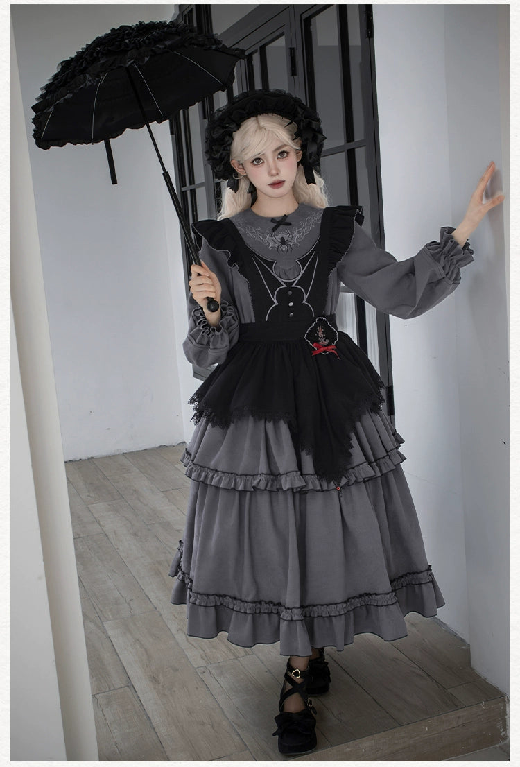 With PUJI~Castle Night~Gothic Twins Lolita OP Three-tiered Embroidery Dress