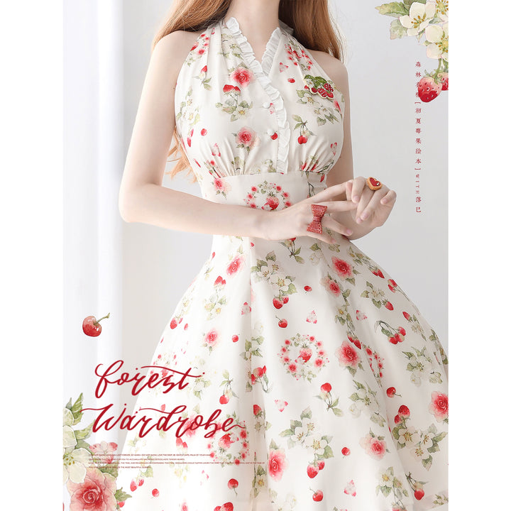 Forest Wardrobe~Summer Berry Picture Book~Elegant Classic Lolita Dress Halter Neckline Floral Print Dress   