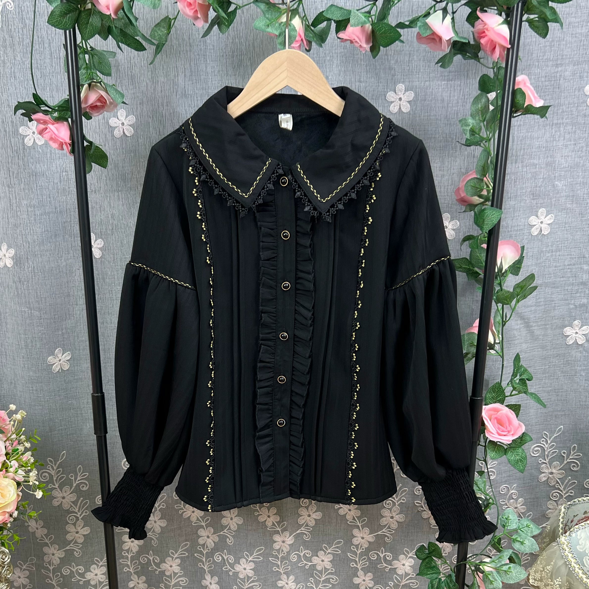 DMFS Lolita - Sweet Lolita Blouse Vintage Mutton Sleeves Winter Lolita Shirt Black (with velvet) S