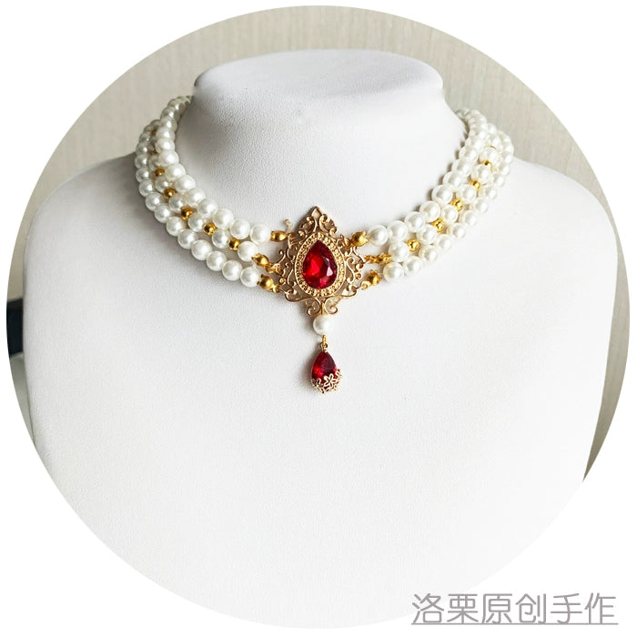 Luo Li~Wedding Lolita Necklace Multi-layer Pearl Pendant A style  