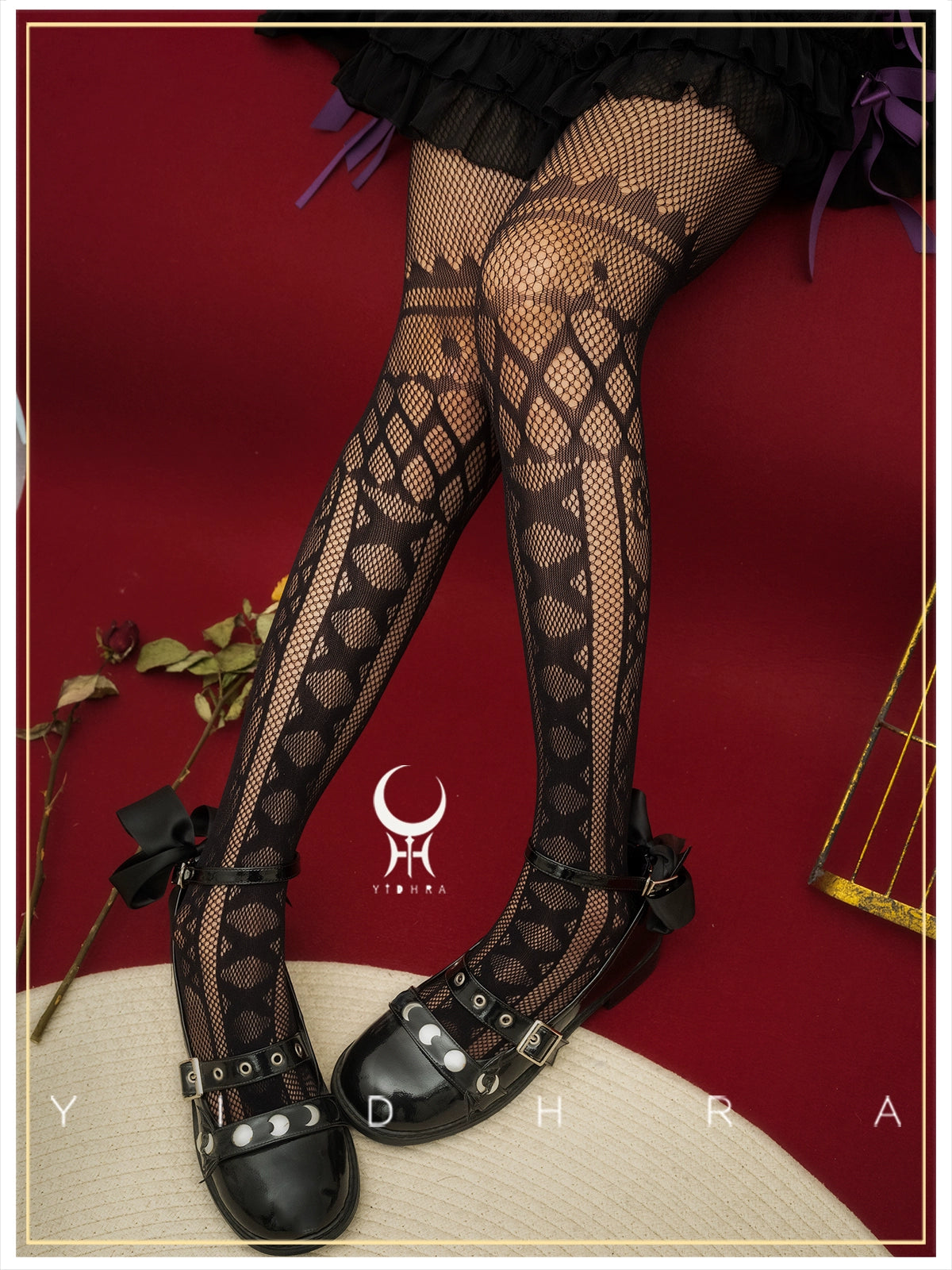 Yidhra~Rose Ball~Goth Lolita Pantyhose Halloween Black Net Tights   