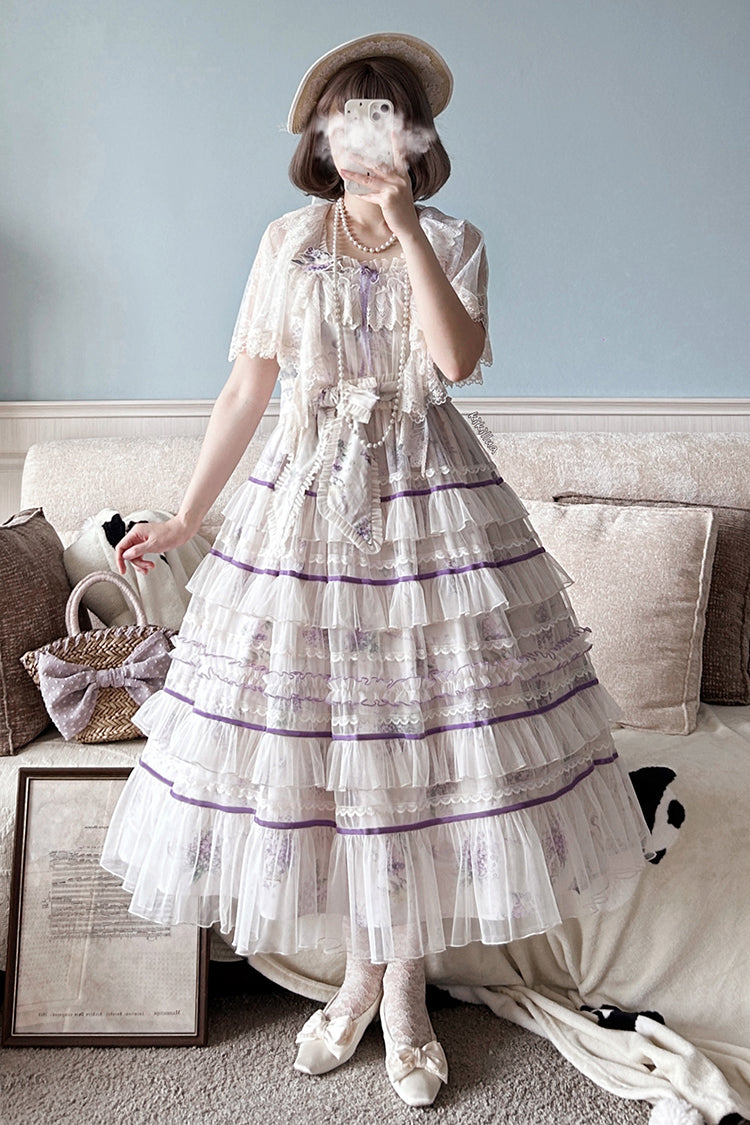 Avenue Denfer~Floral Veil~Elegant Lolita JSK Suit Floral Print Dress and Tulle Shawl