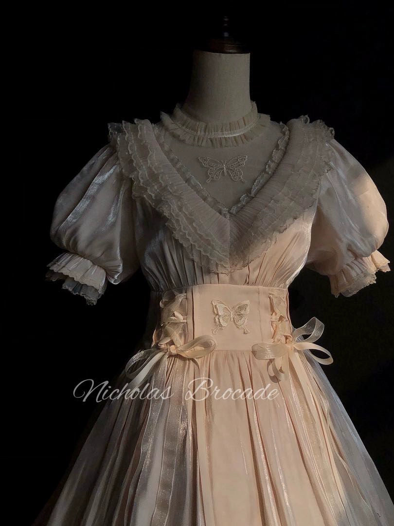 BrocadeIng Cat~Vintage Lolita Embroidered Lace Dress S Apricot-colored short-sleeved thin OP 