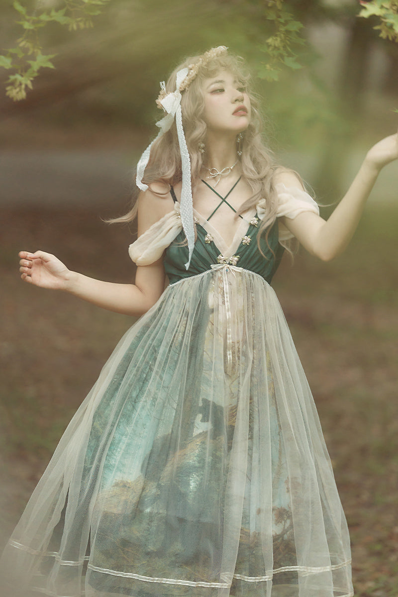 Cyan~Morning of Pine Forest~Elegant Lolita Cyan Bear Print JSK   