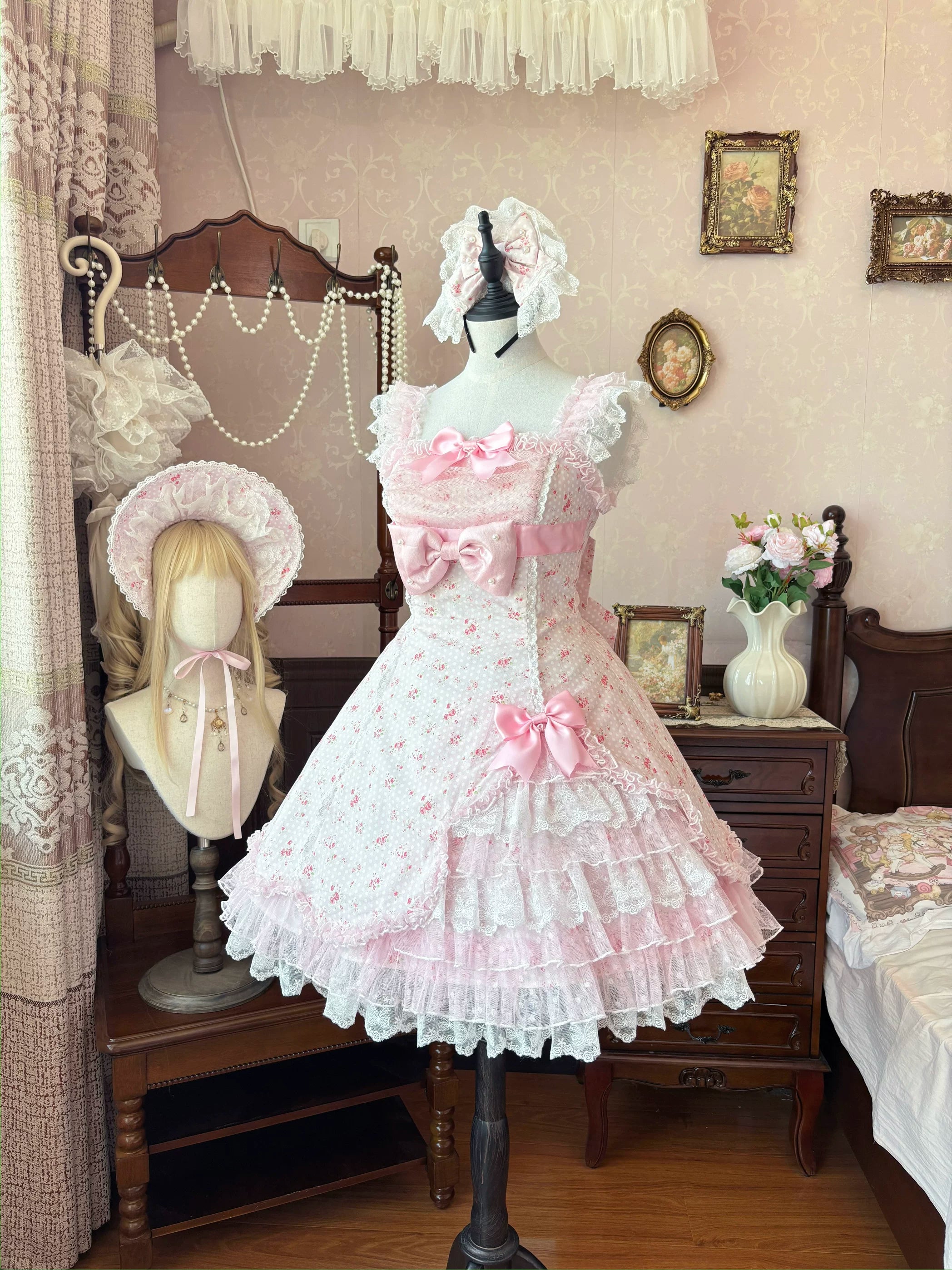 Spring Bud - Old School Lolita Floral Print JSK Dress, Layered Skirt (L M S) 45036:834353