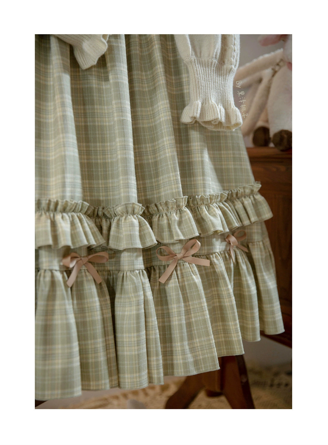 EESSILY - Green Fairy Tales - Classic Lolita Plaid JSK Plus Size Lolita Dress Khaki + grey-green (JSK only) S