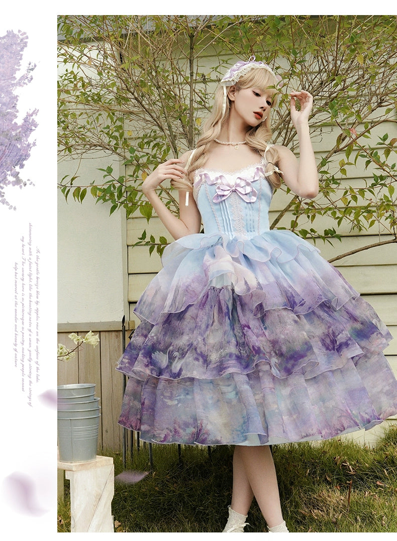 Urtto~Swan Lake~Sweet Lolita JSK Dress Tiered Oil Painting Dress S JSK 