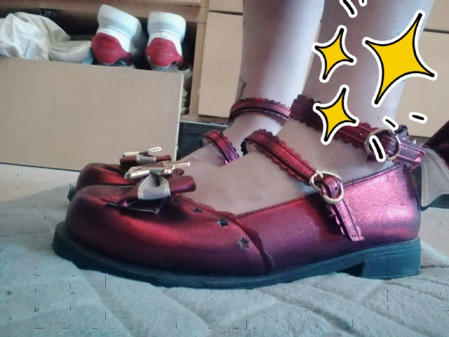 Bubble Cat - Dreamy Starry - Sweet Lolita Shoes Low Heel Bow Shoes 34 burgundy (giltter)