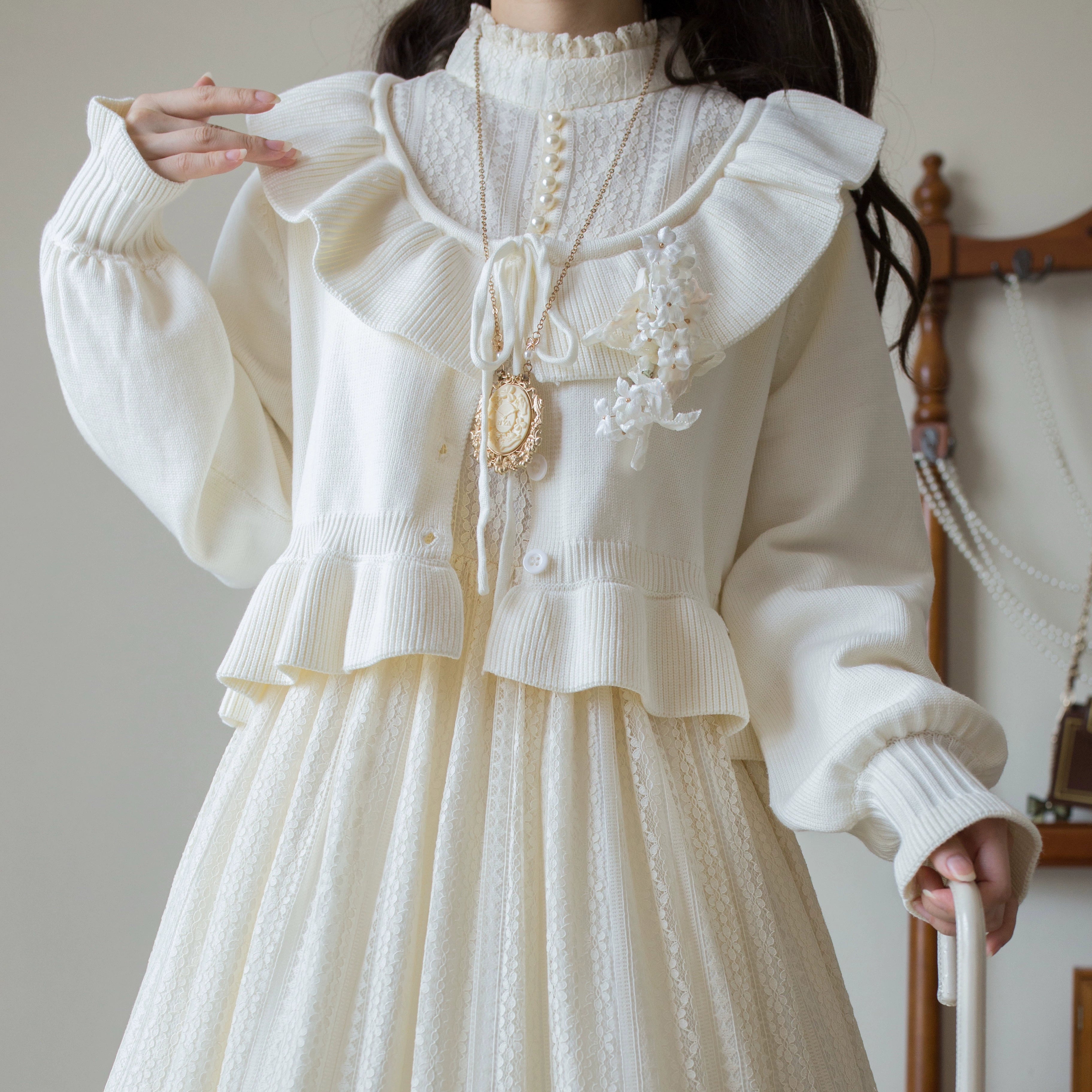 MIST - Lustre White - Kawaii Lolita Sweater Cardigan, Lantern Sleeves 44187:797917