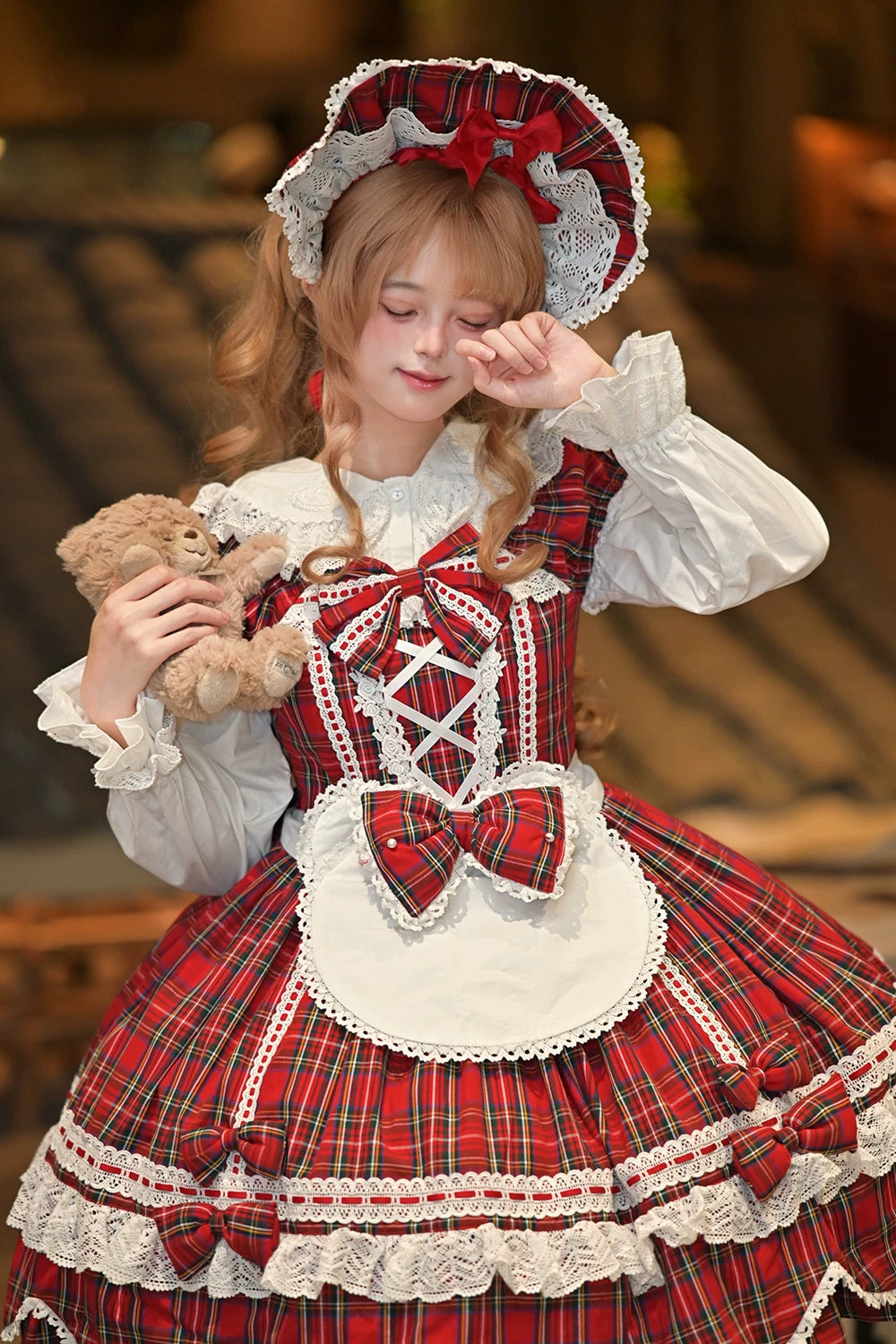 Plaid Petal Bunny - Old School Lolita Bunny Ear Headdress, Bear Ear Apron 44742:820801