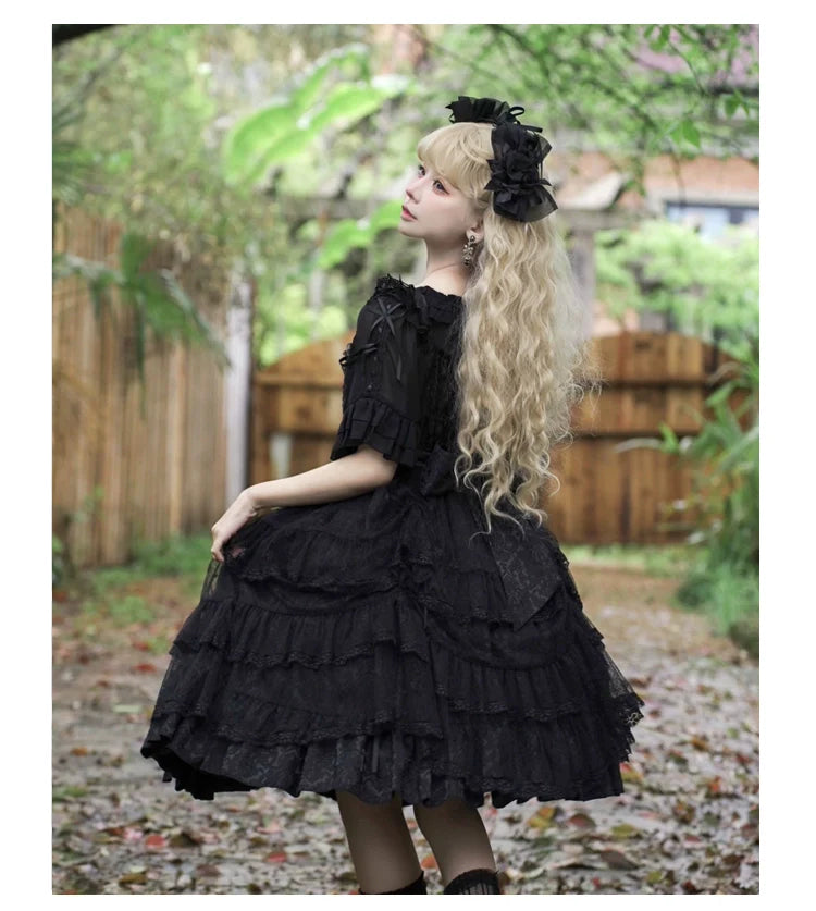 Eieyomi - Iris Love - Elegant Black Lolita JSK Dress, Short Sleeve 44383:806045