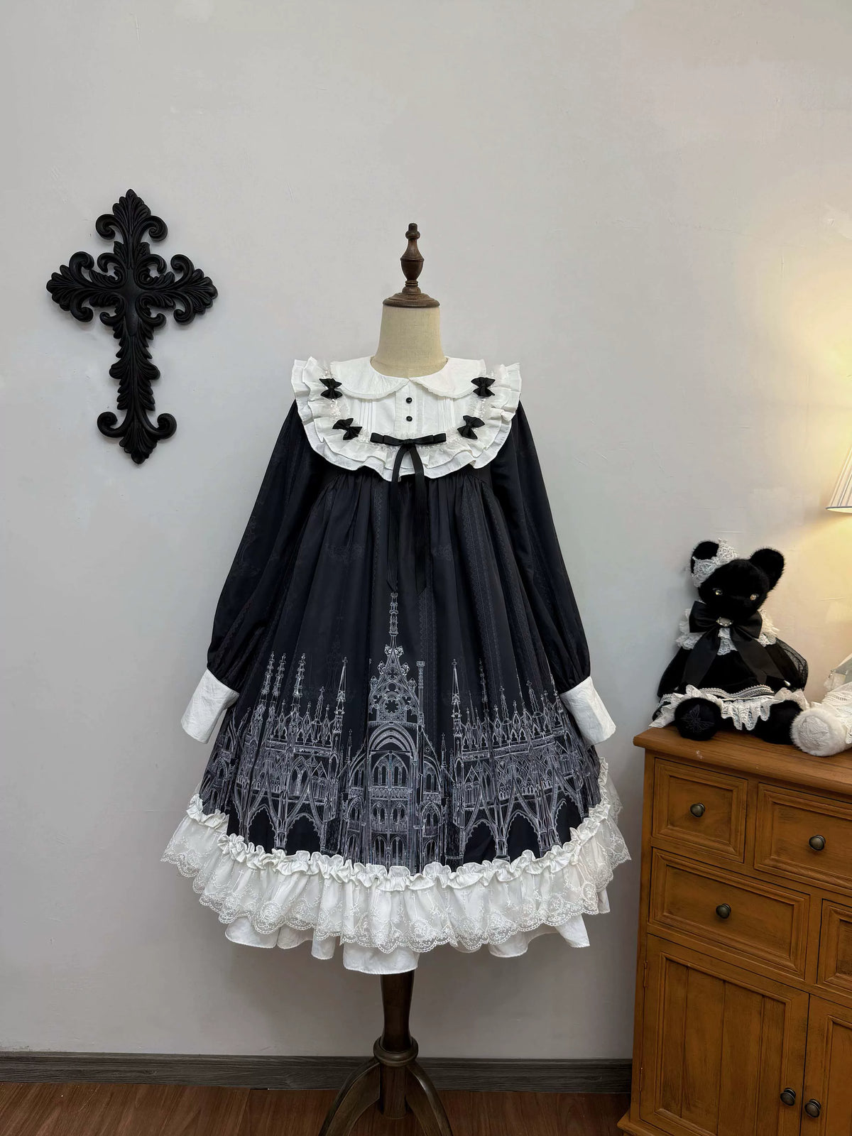 Silent Spire - Gothic Lolita Cathedral Print JSK & OP Dress Set, Side Pockets (L M S XL) 45921:868140