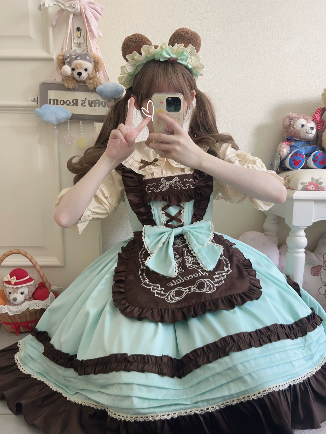 Sugar Girl~Sweet Layered Cake~Sweet Lolita JSK with Detachable Apron Mint chocolate JSK + apron Only S