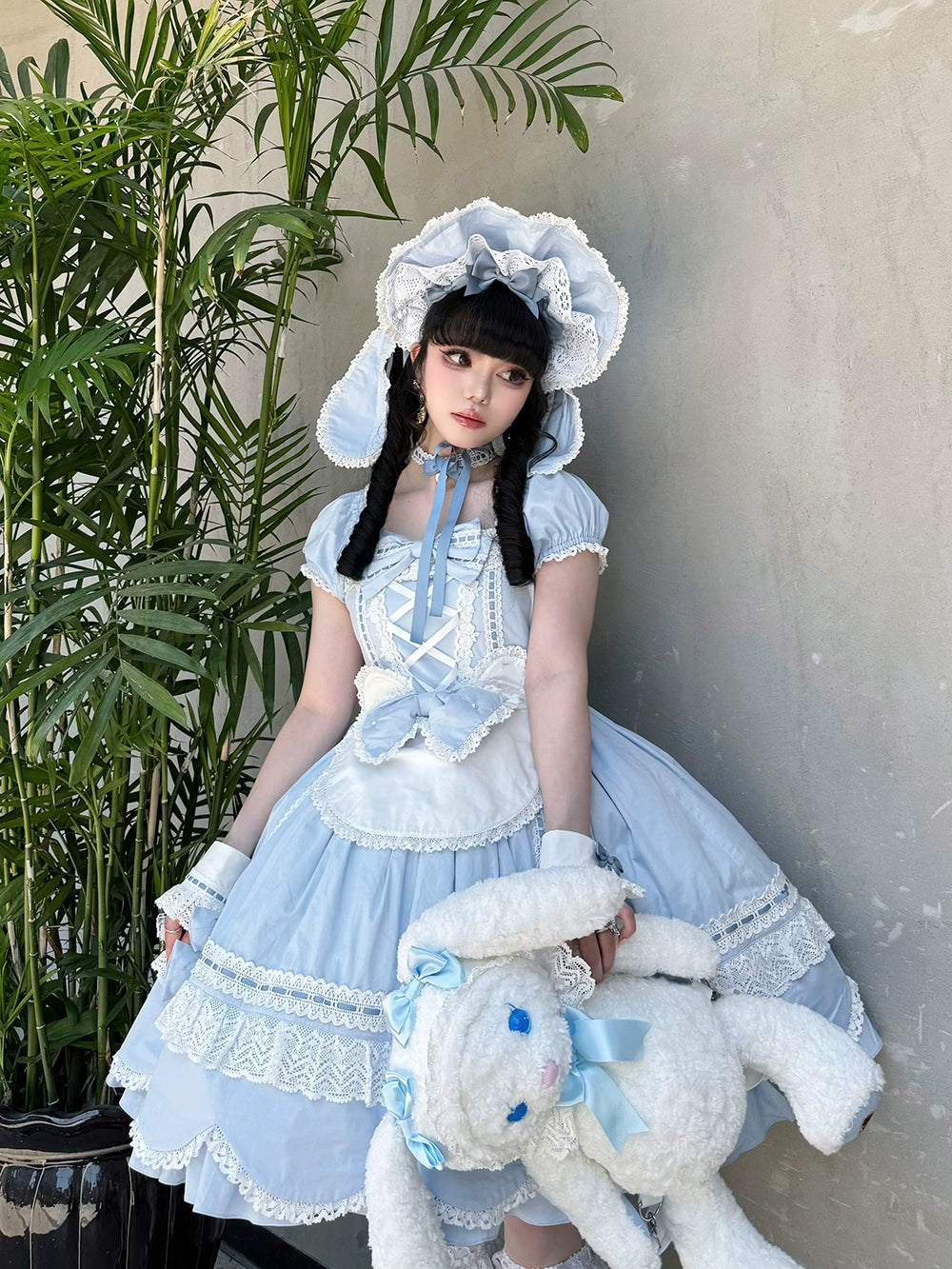 Miss Point - Vintage Petal Rabbit - Old School Lolita OP Cotton Dress With Petal-Shaped Hem 43135:768512