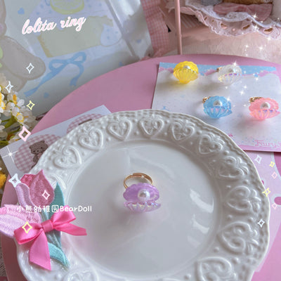 Bear Doll~Kawaii Lolita Ring Adjustable Shell Heart Shape Accessories Purple seashell Free size 