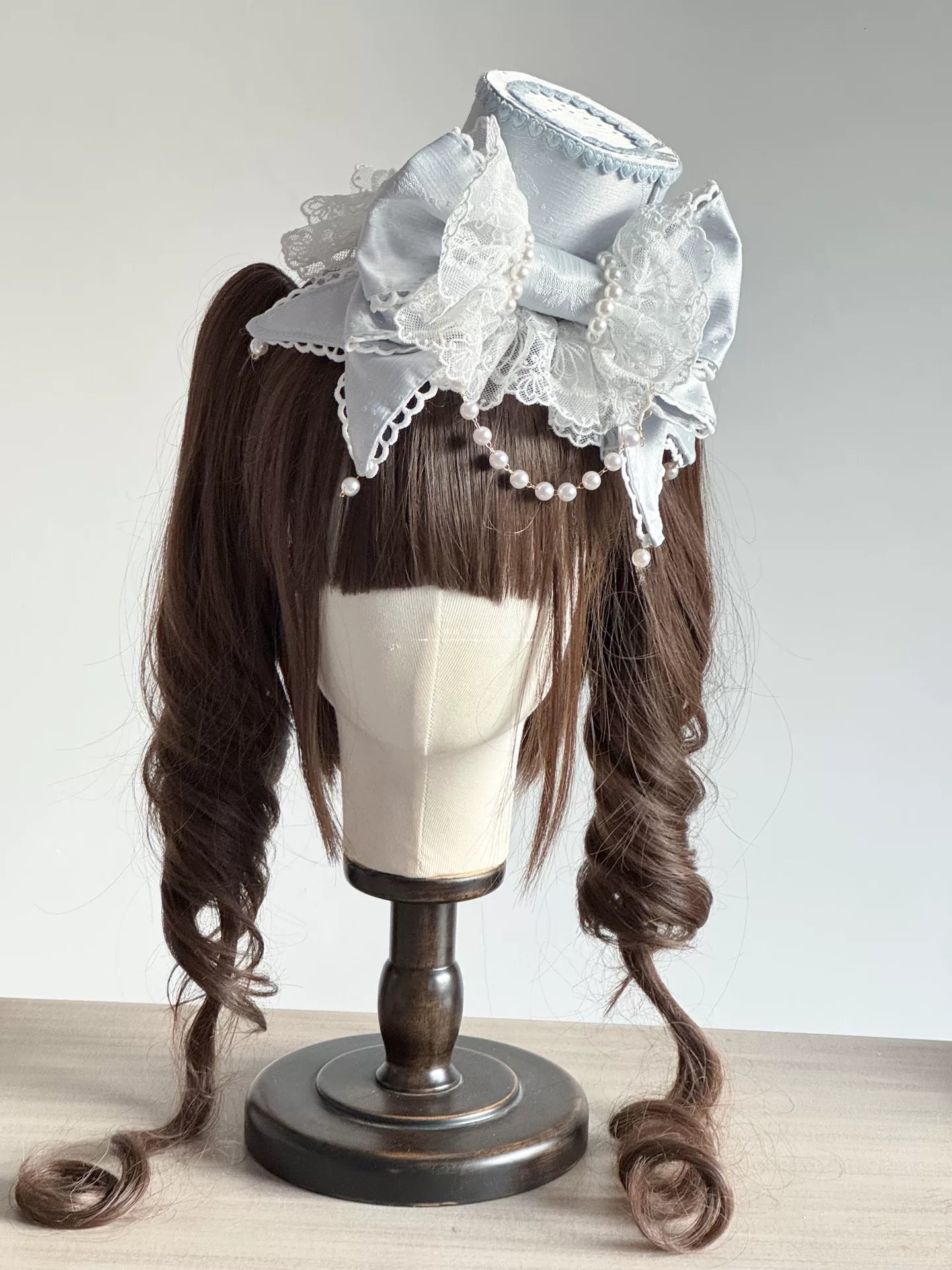 Sweet Lolita Bowknot Top Hat, Lace & Pearl Detail Blue Top Hat + White Head Veil