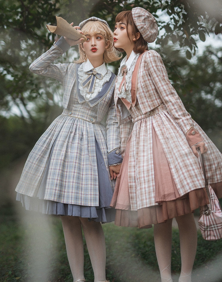 Fantastic Wind~Plaid Picture Book~Classic Lolita British Style Plaid Lolita OP JSK S Blue-gray Tiny Coat 