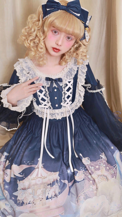 Amnesia~Dream Whale Island~Sweet Lolita Long Sleeve OP Multicolors 0 navy blue 