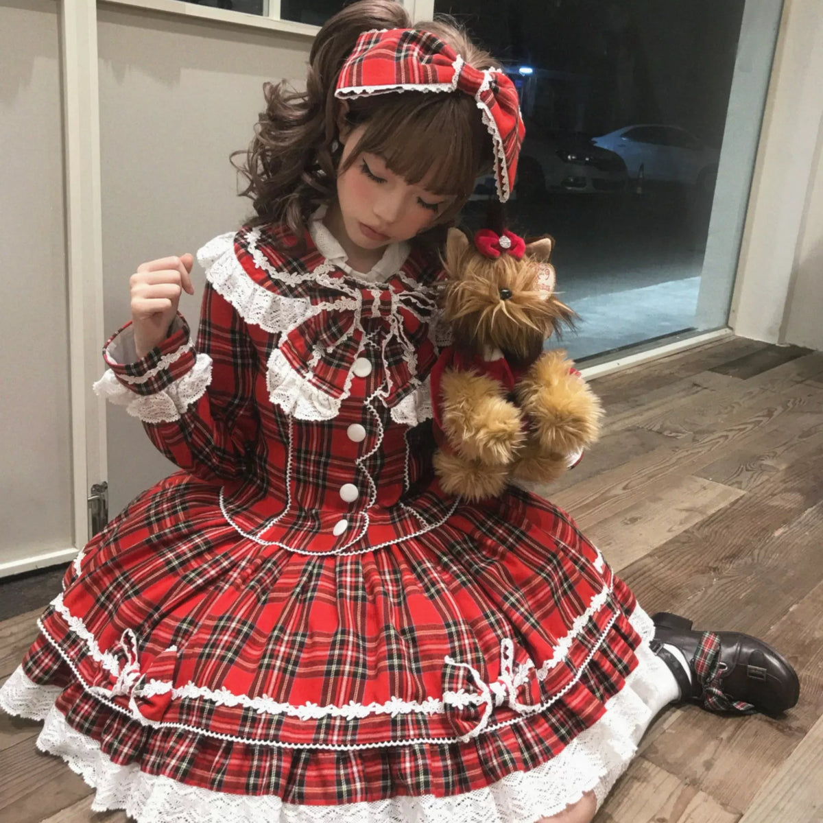 Christmas Knot - Christmas Old School Lolita Jacket & Skirt Set, Red Plaid 46051:873271
