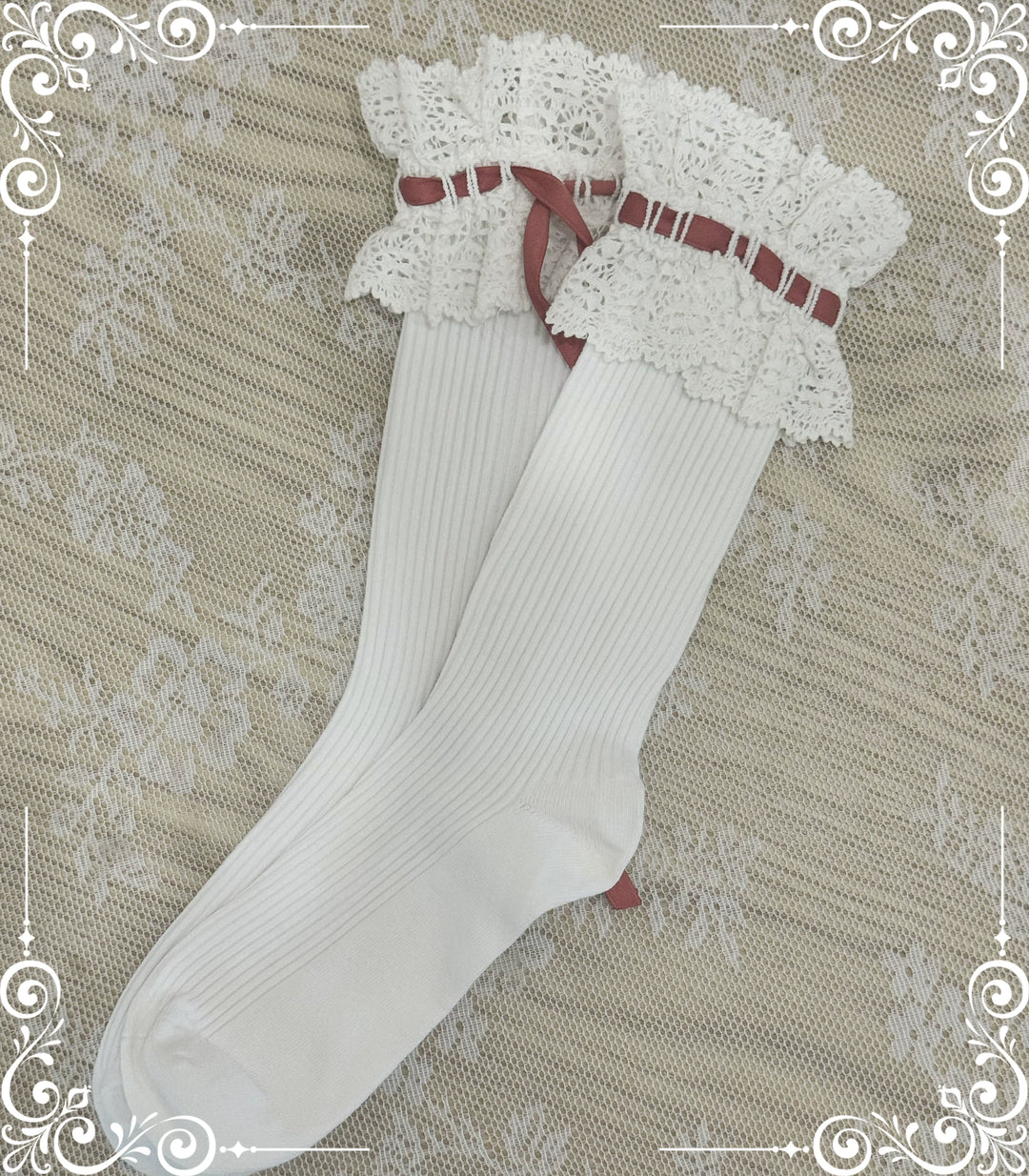 (BFM)Little Bear~Laura's Doll~Sweet Lolita Socks Cotton Short Socks Mid-calf Socks Raspberry ribbed mid-calf socks  