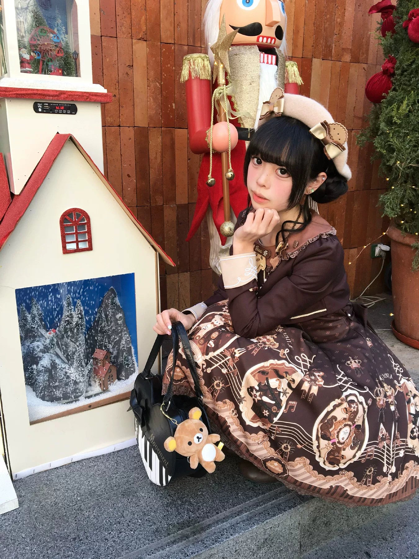 Cream Bear - Print Kawaii Lolita Fake Two-Piece OP, A-lined JSK Dress 44502:811648