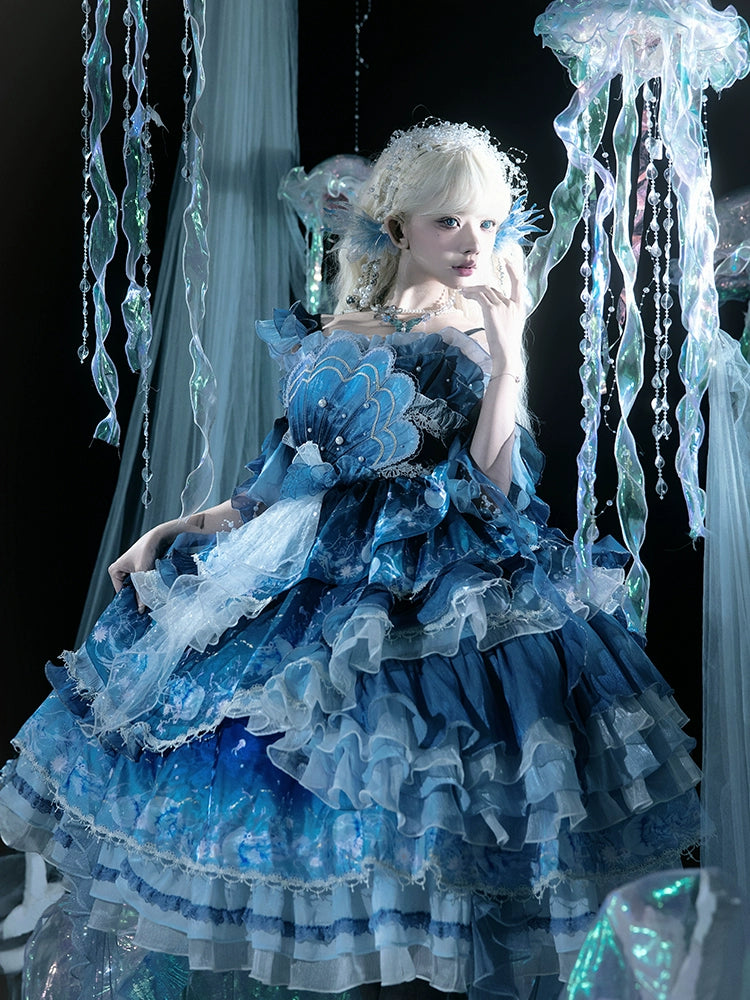 YingLuoFu - Blue Breath Jellyfish - Classic Lolita Jumper Dress, Side Zipper