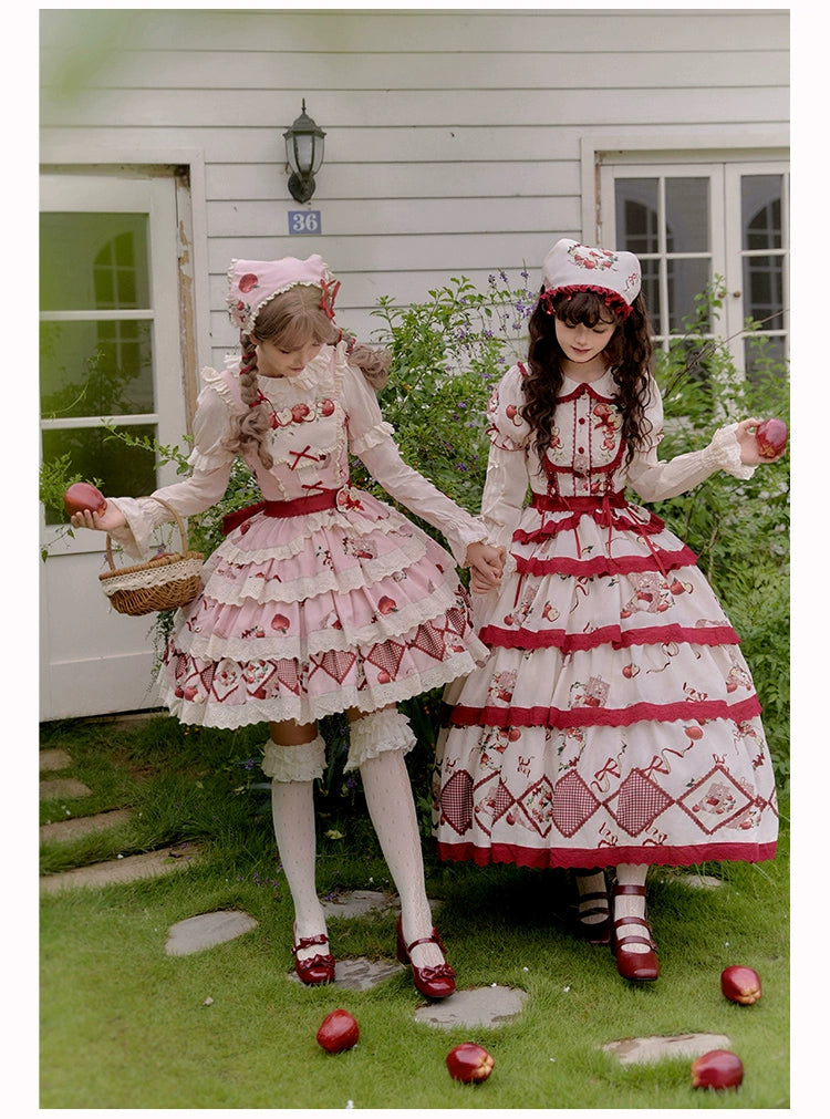 With PUJI~Apple Orchard~Country Lolita SK Embroidered Twins Lolita Top Skirt   