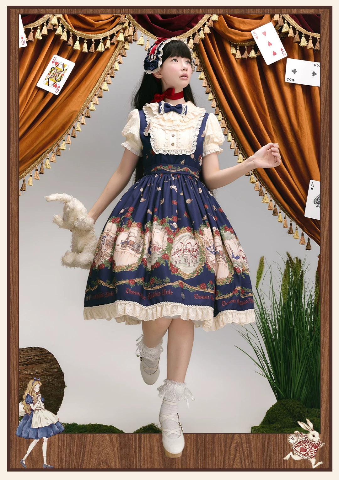 Down the Rabbit Hole - Daily Wear Classic Lolita OP & JSK Dress, Alice in Wonderland Print 46008:871941