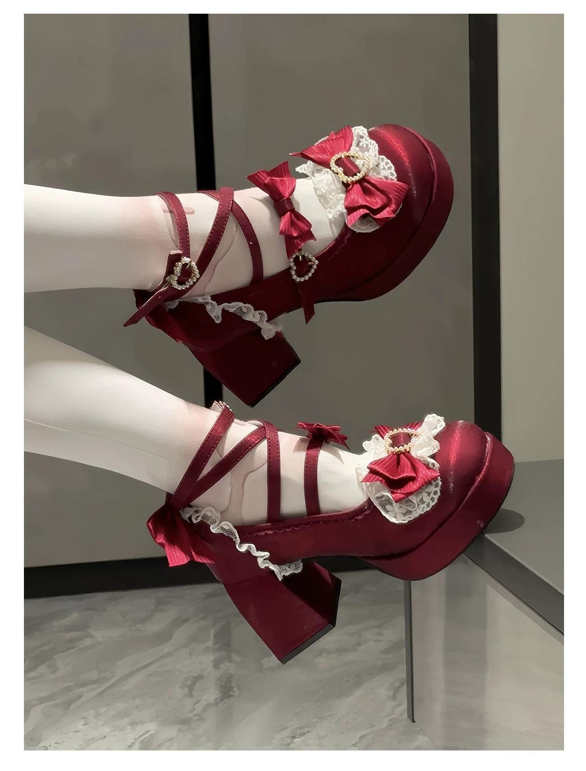 Romance of Hearts - Sweet Lolita Chunky Heeled Shoes, Pearl Heart Accents 45692:859304