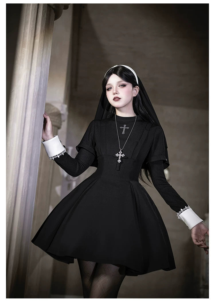 Nihil - Gothic Nun Lolita OP Dress, Irregular Hem Cape