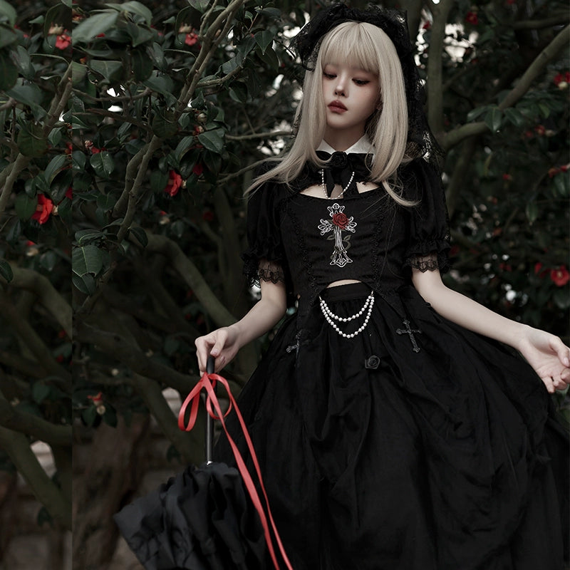 With PUJI~Evil Flower~Gothic Lolita Skirt Set Rose Embroidered Hollow Out Blouse   