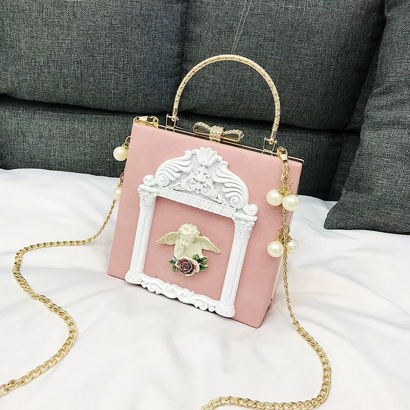 Prime Sister - Gothic Lolita Retro Bag Baroque Square Crossbody Bag Pink (Angel Pattern)