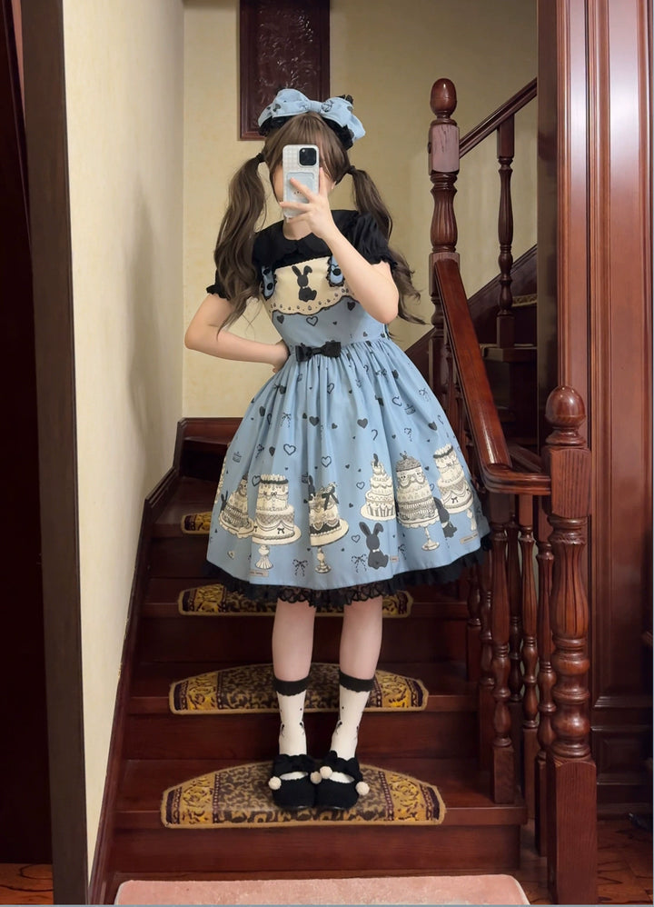 Sweet Dream Sheep - Cake Bunny - Blue Sweet Lolita Dress, Bunny&Cake Print