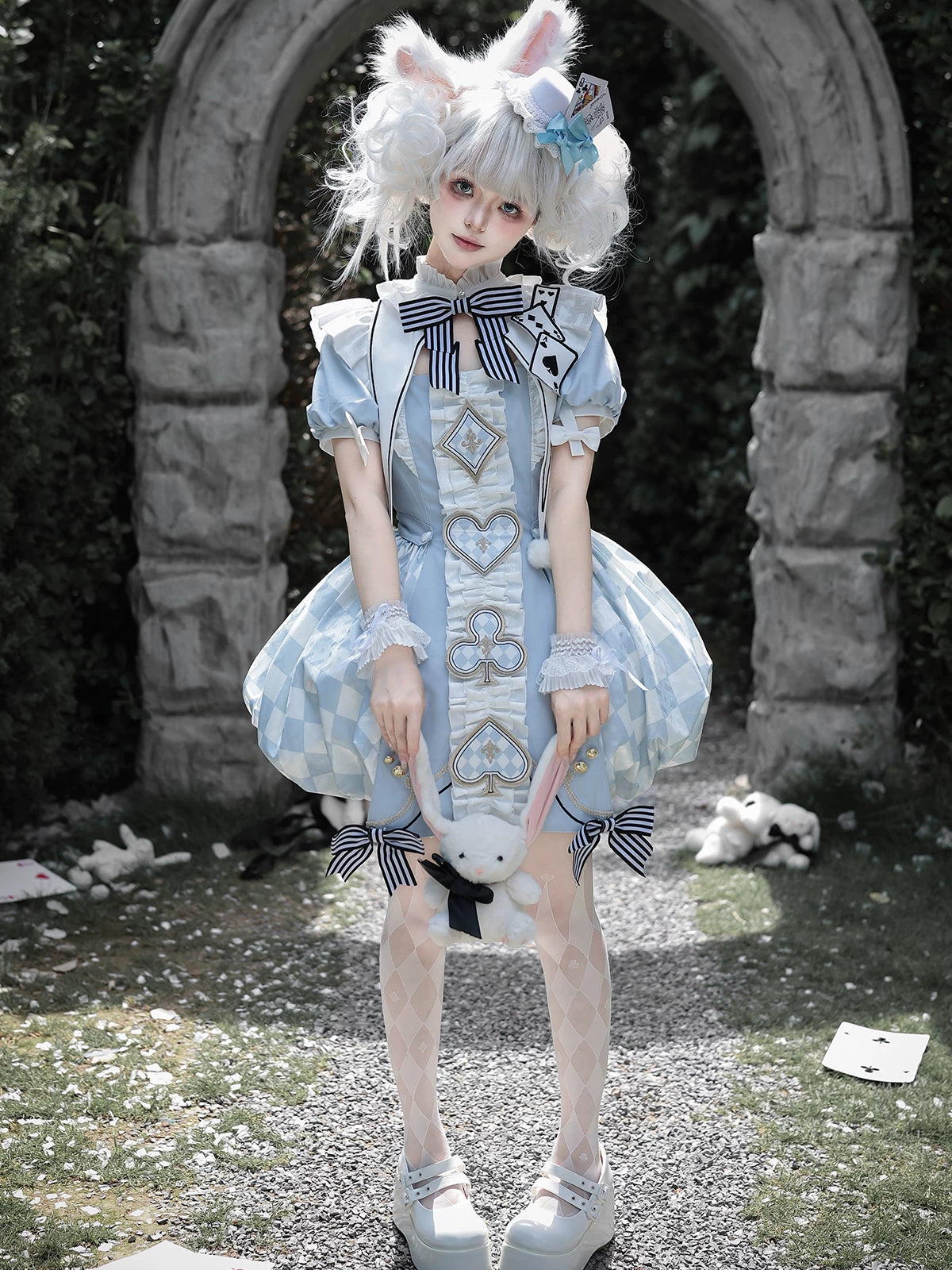 For Alice - Doll-like Lolita Jacquard OP Dress Set, Elastic Bubble Hem 45690:859650