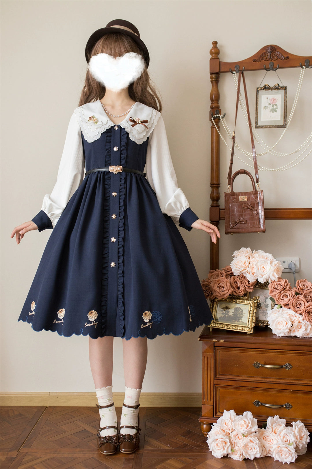 EESSILY~Window Rose~Classic Lolita OP Front Buttoned Embroidery Lolita Dress