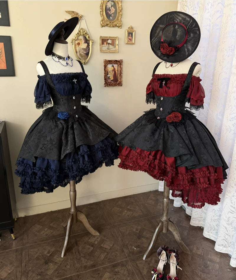 Rose Banquet - Gothic Lolita Boned Bust-supporting JSK Dress, High-low Hem 45815:863553