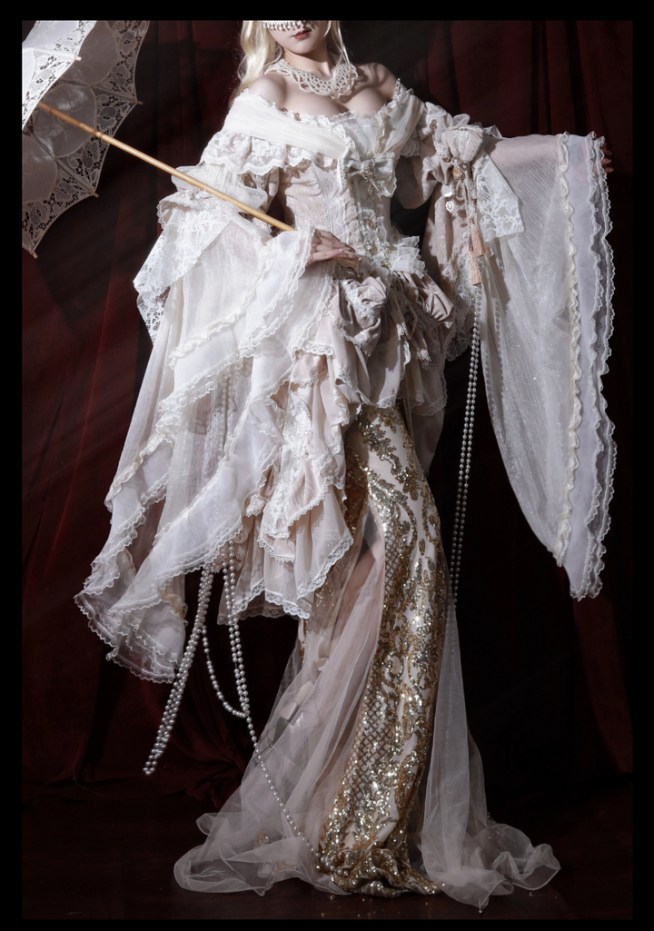 Guaji~Isabella~Wedding Lolita OP Bridal Dress with Tiered Petticoat and Trailing 42885:756894