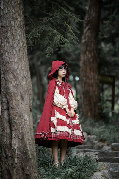 Your princess~Little Red Cap~New Year Sweet Lolita Burgundy Princess OP Christmas S ddress + cape + hairband 