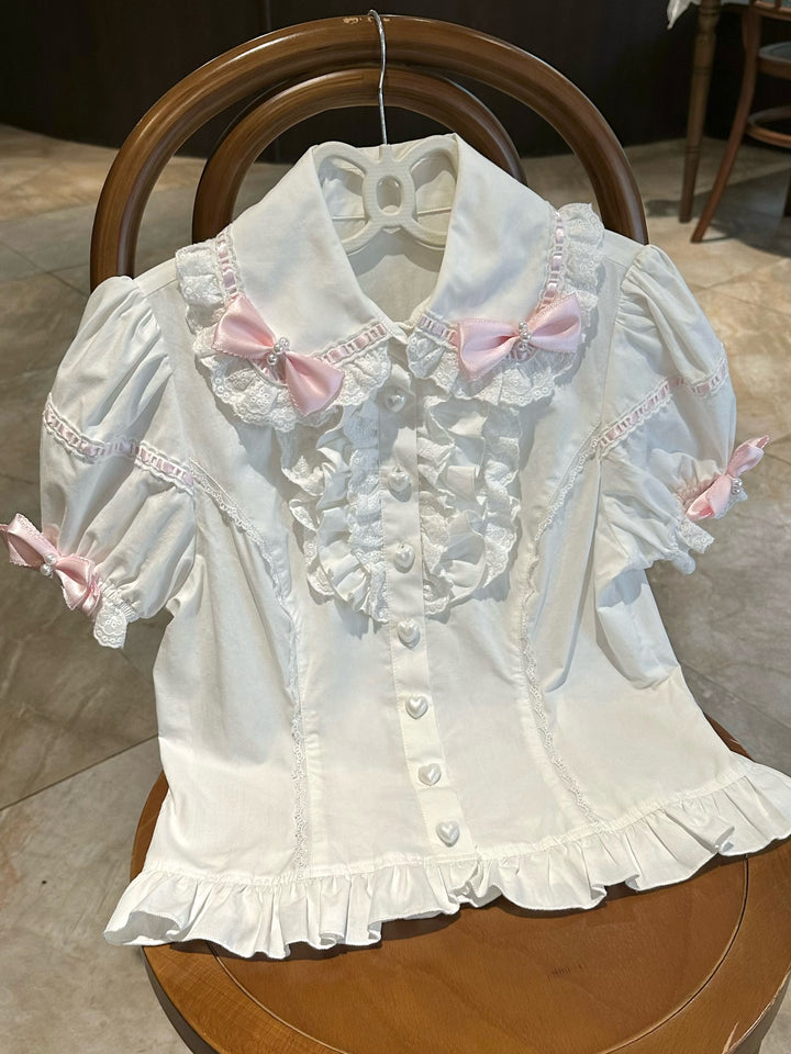 Mengfuzi~Showa Doll~Old school Lolita Blouse Pearl and Bow shirt Pink blouse (with detachable sleeves) S