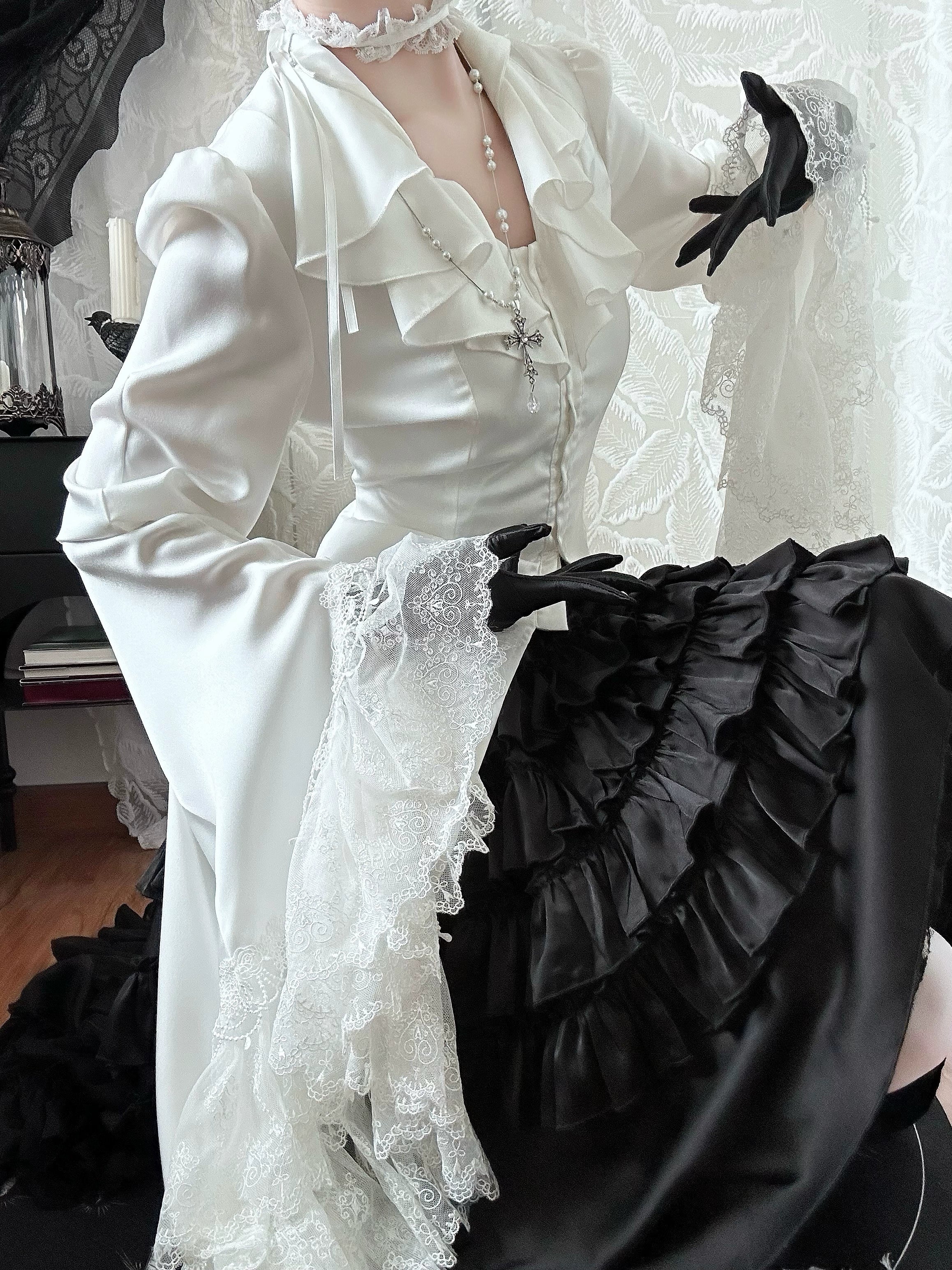 Acorn Lolita - Butterfly Shadow - Gothic Lolita Ruffled Shirt, Tailcoat Style