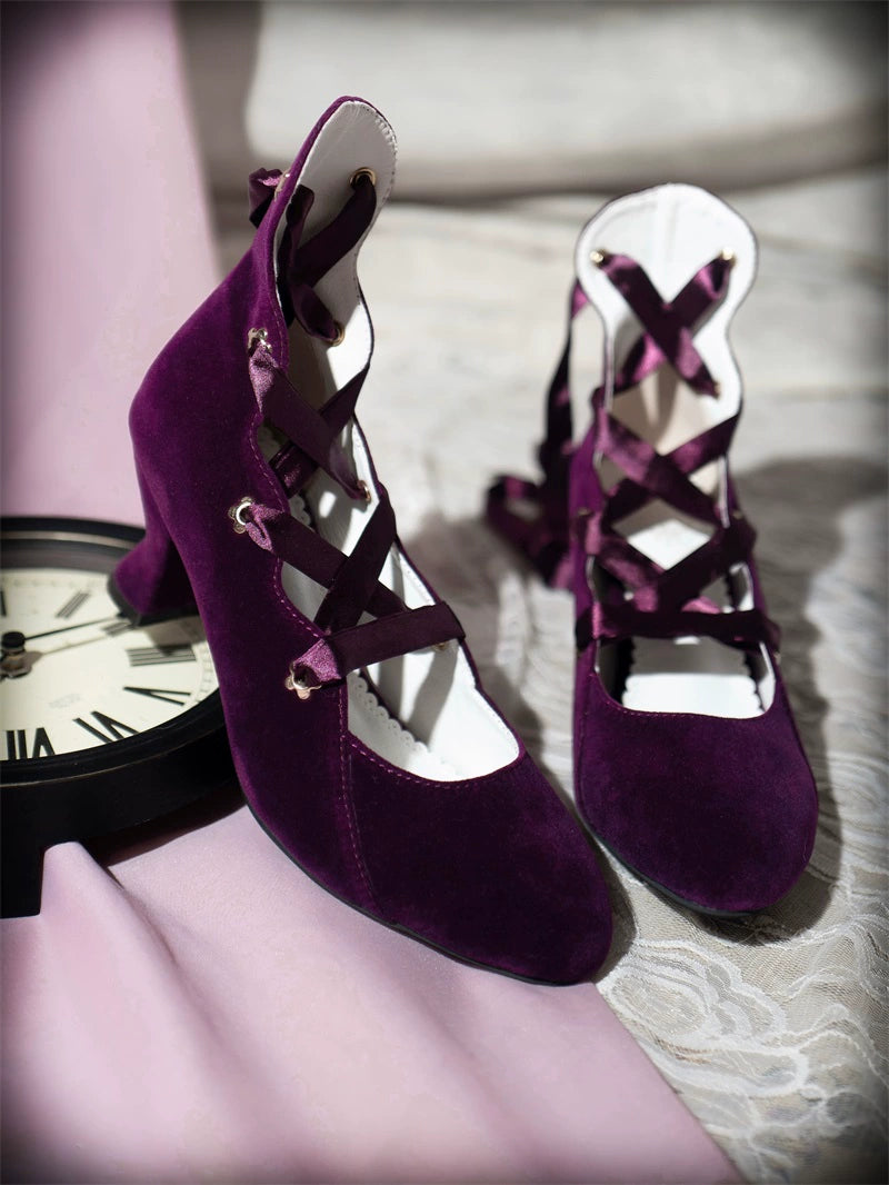 MR.Qiutian - Forbidden Dance - Elegant Lolita Velvet Shoes, Adjustable Lace-Up Straps (Purple / 35 36 37 38 39 40) 43837:786389