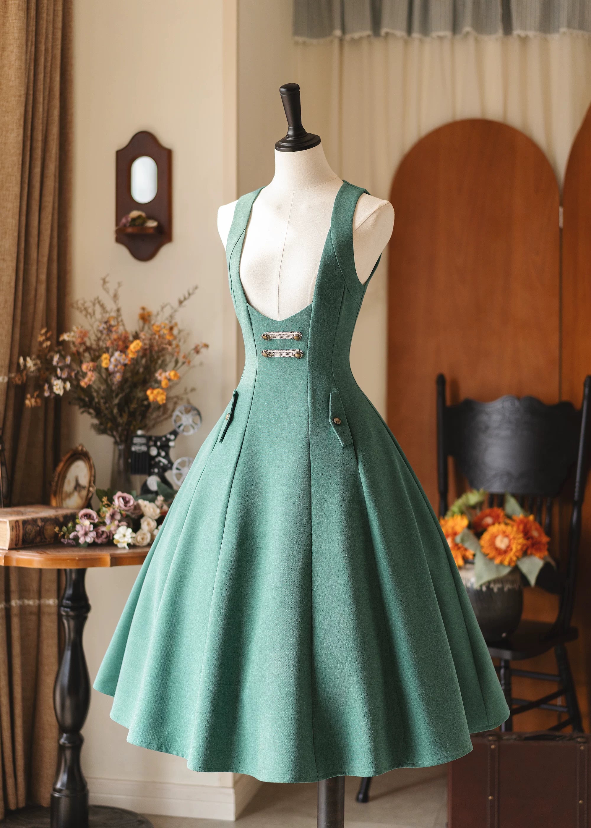 Forest Corridor - Classic Lolita Bust Supporting JSK, Waisted Shirt Forest Green JSK S In Stock